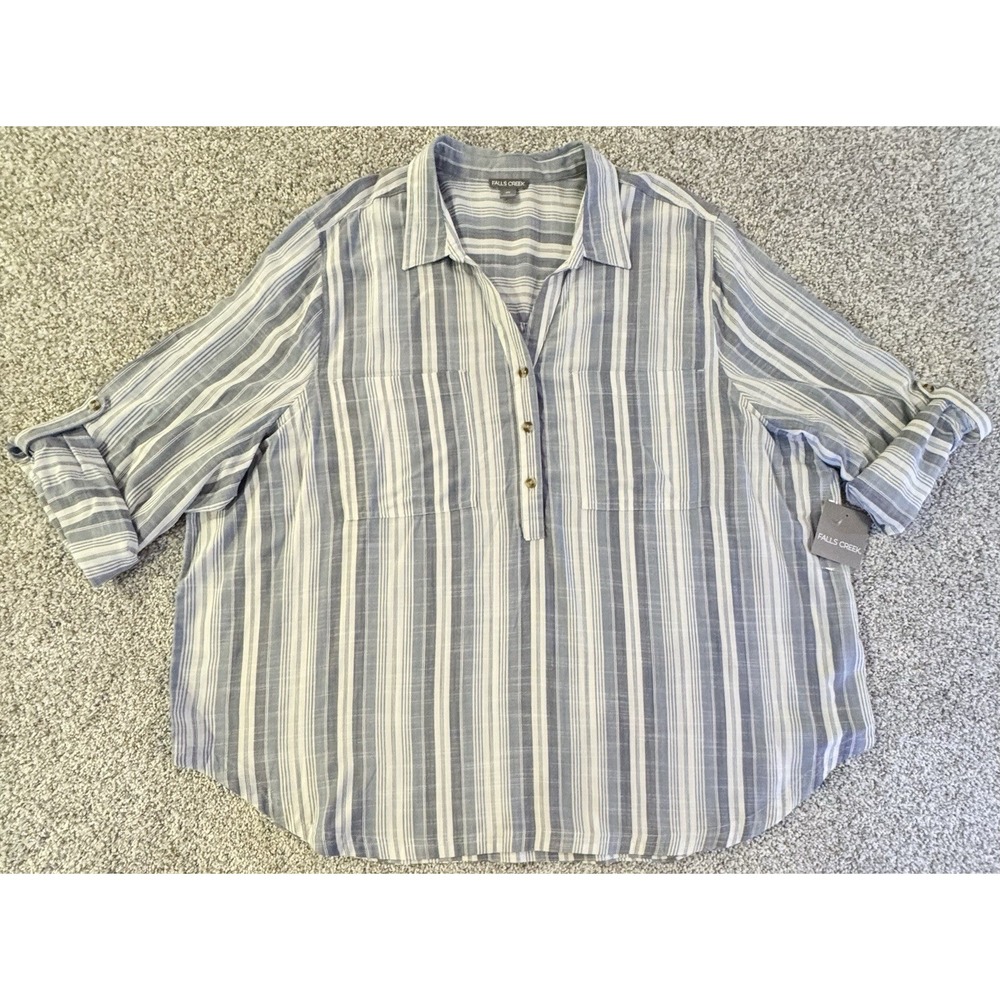 Falls Creek Striped Popover Blouse Womens Plus 3X Shirt Long Sleeve 3 Buttons